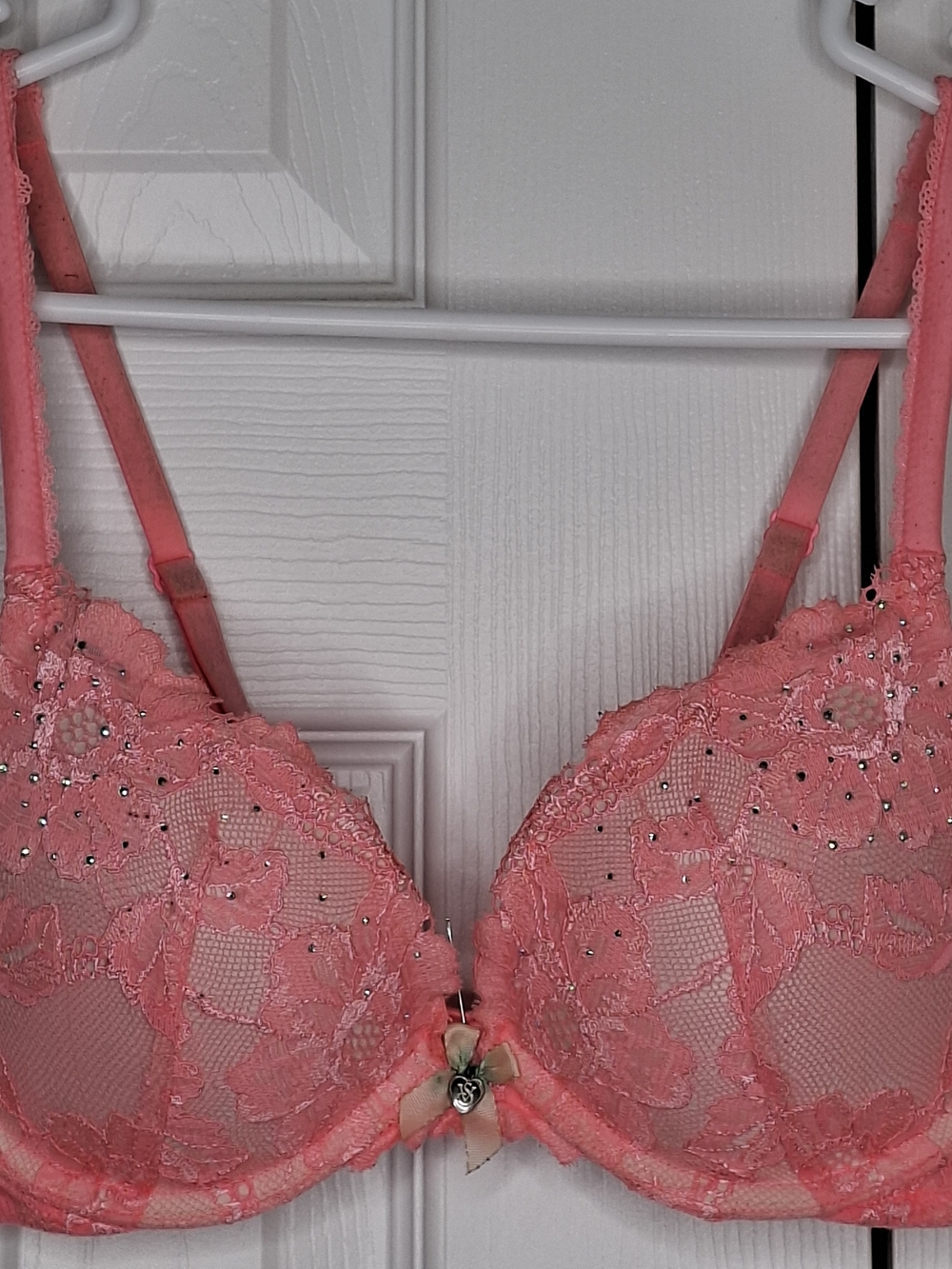 Victoria's Secret Coral Lace Push-Up Bra with Rhinestone Detail